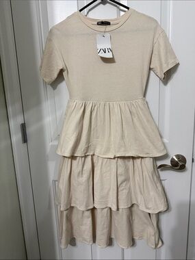 Zara Cream Tiered Short-Sleeve Dress